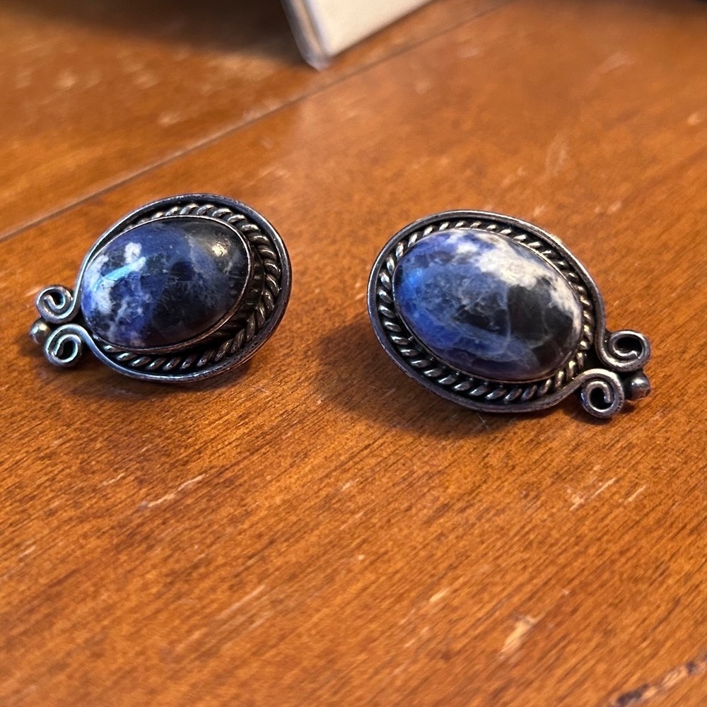 Vintage Mexico Sterling Silver Sodalite Post Earrings TV-101 Taxco Scroll Studs